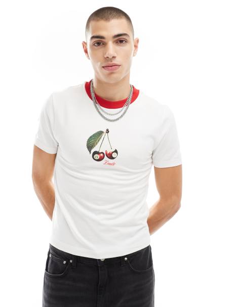 ASOS DESIGN – Körperbetontes Ringer-T-Shirt in Weiß mit Sport-Print auf der Brust - view 1