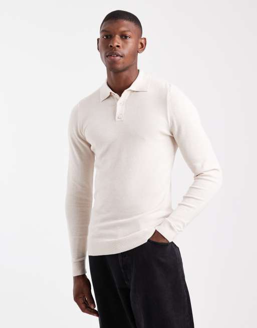 ASOS DESIGN – Körperbetontes, strukturiertes Polohemd aus Strick in Beige