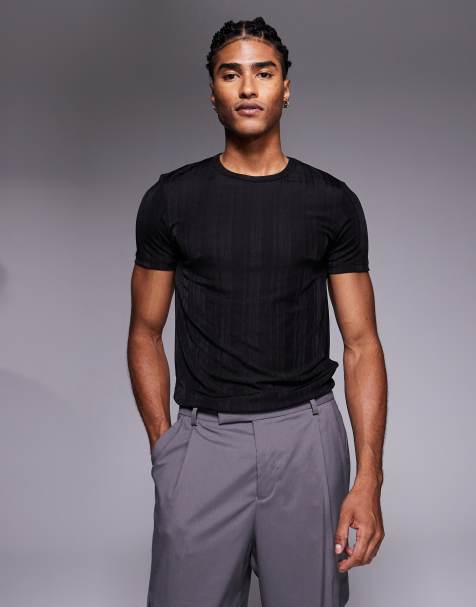 ASOS DESIGN – Körperbetontes T-Shirt aus geripptem Netzstoff in transparentem Schwarz - view 1