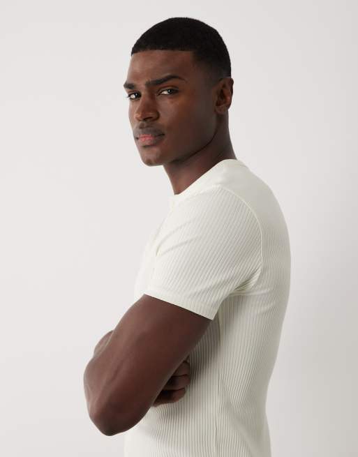 ASOS DESIGN – Körperbetontes T-Shirt aus geripptem, schwerem Material in Weiß mit Henley-Ausschnitt, 3 von 5
