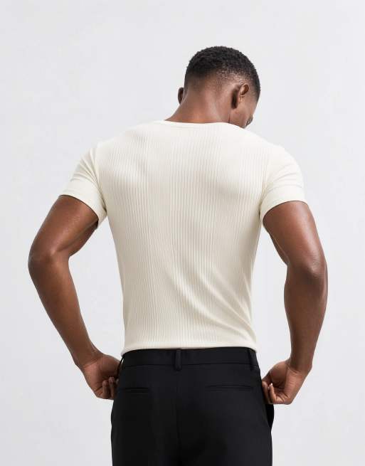 ASOS DESIGN – Körperbetontes T-Shirt in Cremeweiß mit eingekerbtem Ausschnitt und eleganter Rippstruktur, 11 von 14