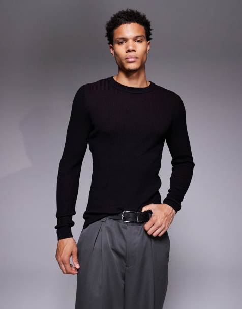 ASOS DESIGN – Körperbetontes T-Shirt in Schwarz aus burgunderrot plattiertem Rippstrick - view 1