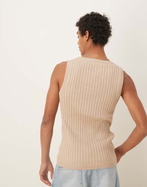  ASOS DESIGN – Körperbetontes Trägershirt aus Rippstrick in Steinbeige, 3 von 4