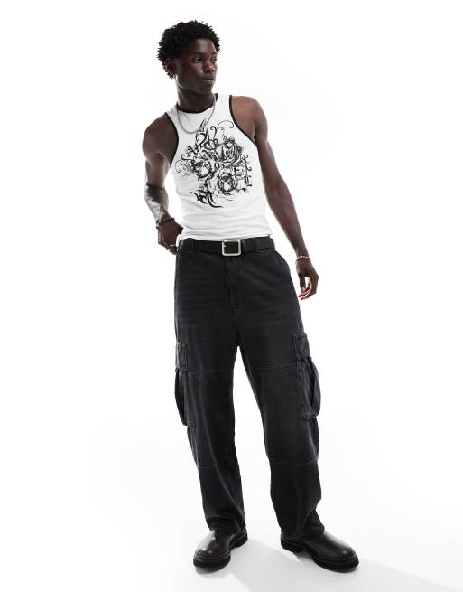 ASOS DESIGN – Körperbetontes Trägertop in Weiß mit Grunge-Print auf der Vorderseite, 3 von 4