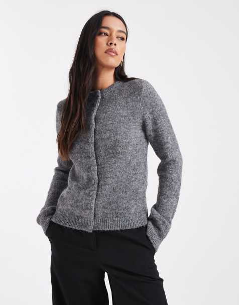 ASOS DESIGN – Körpernah geschnittene Strickjacke in Anthrazit mit stoffbezogenen Knöpfen - view 1