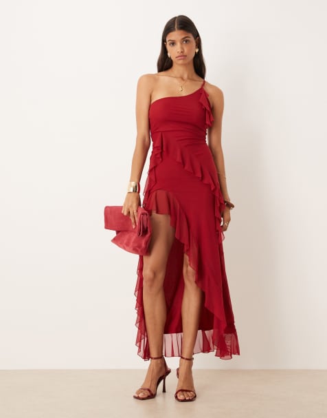 ASOS DESIGN – Körsbärsröd, enaxlad maxiklänning med volang - view 1