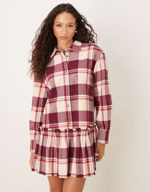ASOS DESIGN – Körsbärsröd, rutig miniklänning i skjortmodell med sänkt midja, 2 av 4