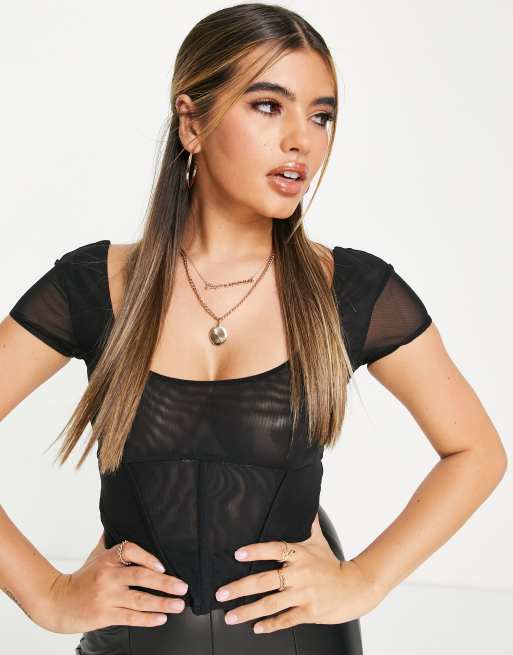 ASOS DESIGN - Korset met korte mouwen en lage ronde hals in zwart