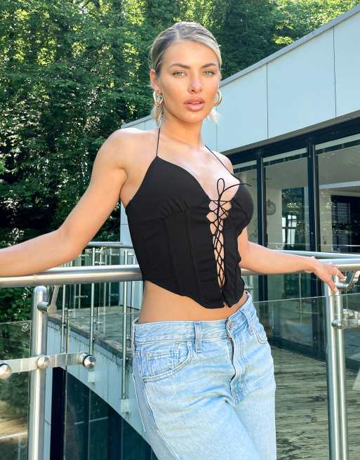 ASOS DESIGN - Korset met vetersluiting voor en halternek in zwart