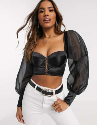 ASOS DESIGN - Top style corset rembourré à armatures avec manches bouffantes en organza - Noir Noir