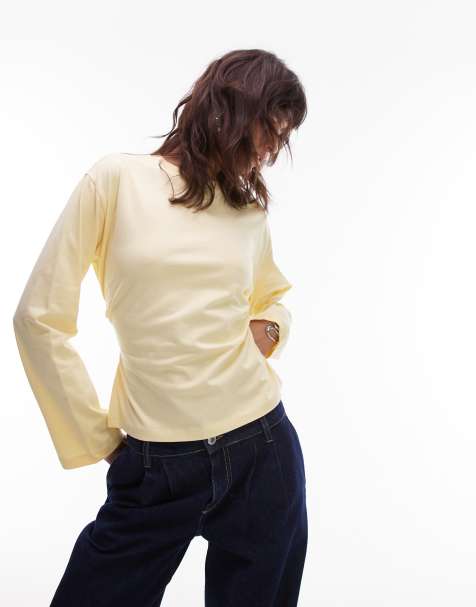 ASOS DESIGN - Korset-T-shirt met lange mouwen en gestrikte veters aan de achterkant in geel - view 1