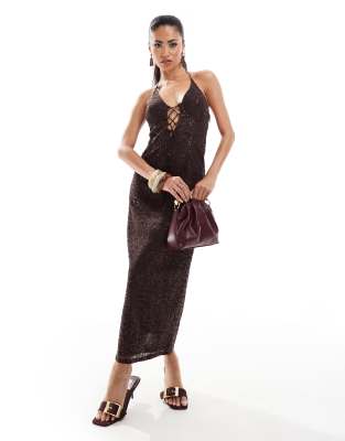 ASOS DESIGN - Korsett-Midikleid aus Spitze in Schokobraun mit tiefem Ausschnitt und Schnürdetail