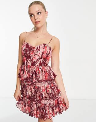 ASOS DESIGN - Korsett-Minikleid in Rot mit Blumenprint, Rüschen und Paillettenverzierung