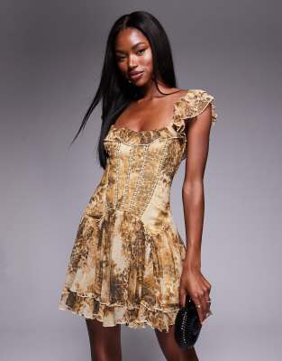 ASOS DESIGN - Korsett-Minikleid mit Animal-Print, Rüschen und tiefer Taille-Bunt
