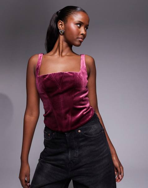 ASOS DESIGN – Korsett-Oberteil in Beerenrot mit eckigem Ausschnitt und Bahnendesign - view 1