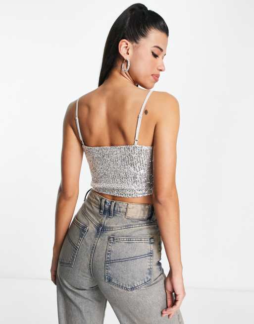 ASOS DESIGN – Korsett-Oberteil in Silber mit Paillettenbesatz und Wasserfallausschnitt , 2 von 4