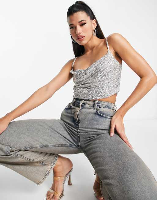 ASOS DESIGN – Korsett-Oberteil in Silber mit Paillettenbesatz und Wasserfallausschnitt , 4 von 4