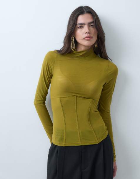 ASOS DESIGN Korsett-Top mit Stäbchen aus Mesh, hochgeschlossen, in Ocker - view 1