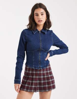 ASOS DESIGN - Korsetthemd aus Stretch-Denim in Rinse-Waschung mit durchgehendem Reißverschluss-Blau