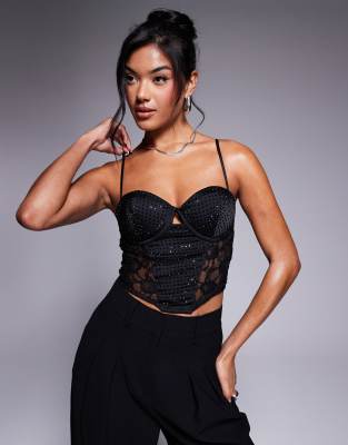 ASOS DESIGN - Korsettoberteil in Schwarz mit Spitzen-Einsätzen, Hotfix-Verzierungen und integrierten Körbchen