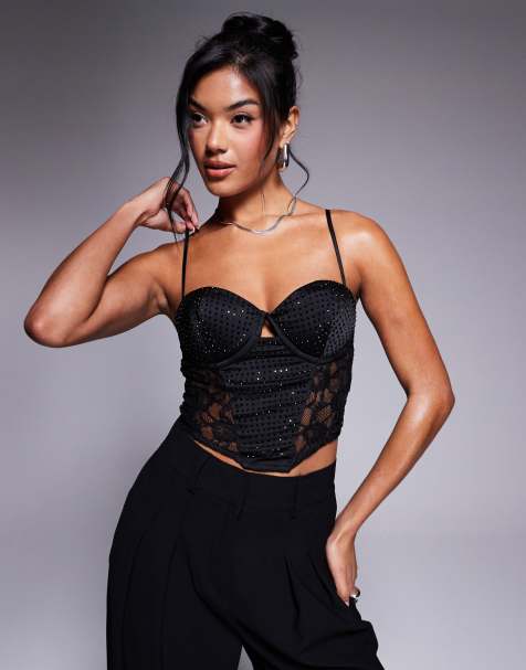ASOS DESIGN – Korsettoberteil in Schwarz mit Spitzen-Einsätzen, Hotfix-Verzierungen und integrierten Körbchen - view 1