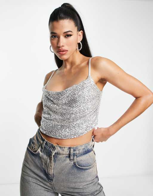 ASOS DESIGN - Korsettop met lovertjes en gedrapeerde halslijn in zilver 