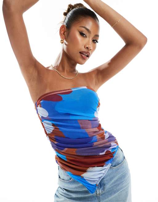 ASOS DESIGN - Korsettop van gerimpeld mesh met asymmetrische zoom in print