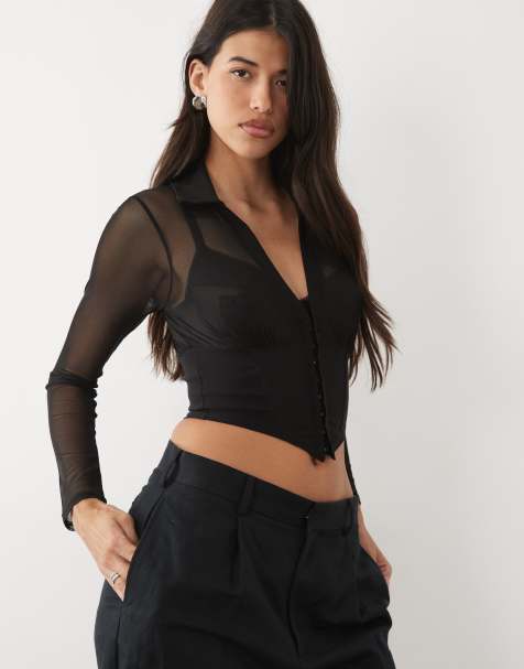 ASOS DESIGN - Korsettop van mesh met lange mouwen en haak- en oogsluiting in zwart - view 1