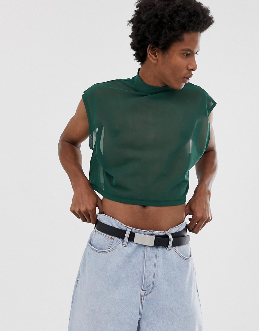 ASOS DESIGN – Kort, ärmlös t-shirt i mesh i oversize-modell med halvpolokrage-Grön