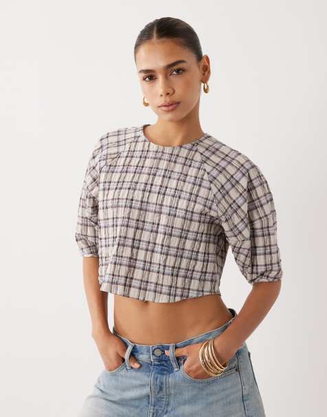 ASOS DESIGN kort blus med cocoon-ärmar i brun rutigt set - view 1