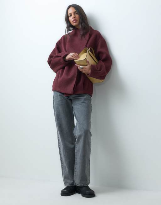 ASOS DESIGN kort formell waterfall-kappa med ull i burgundy, 3 av 4