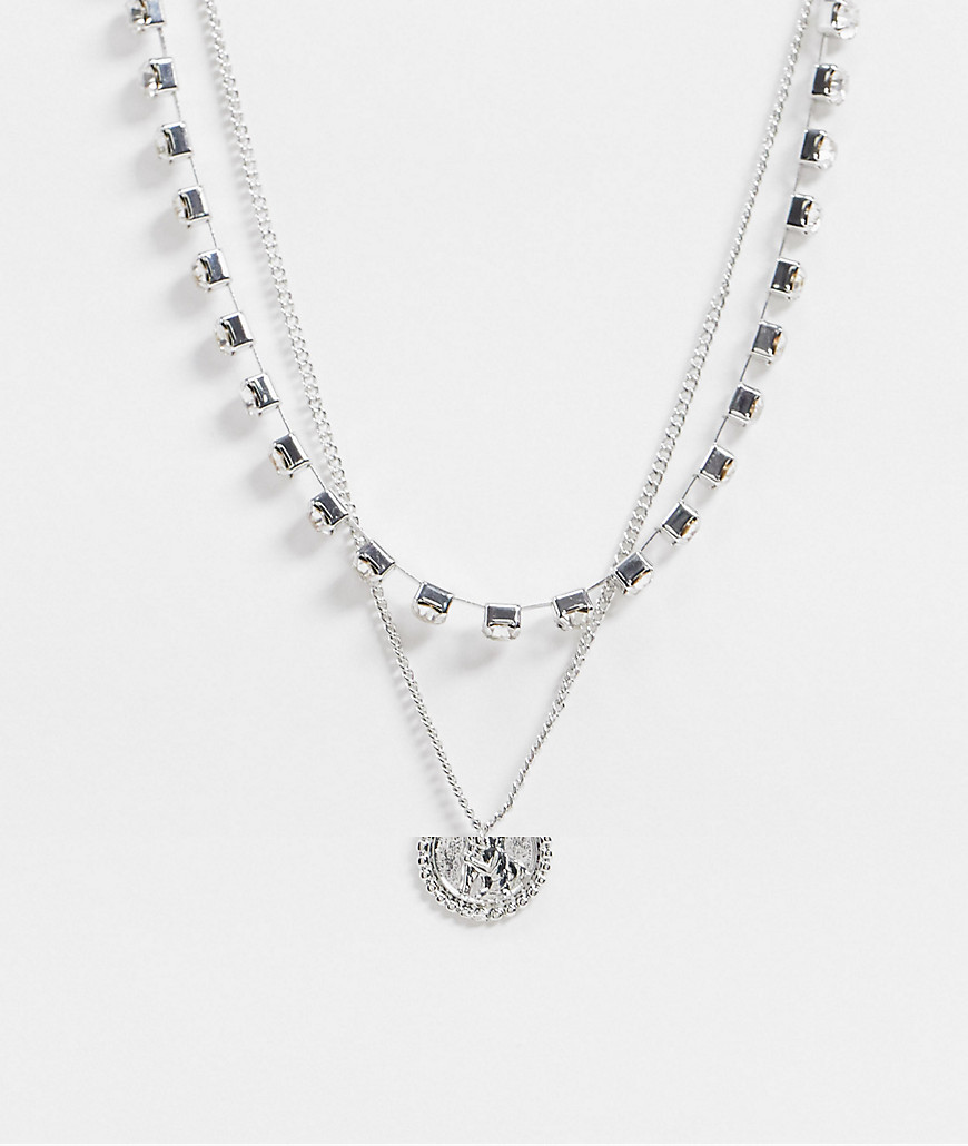 ASOS DESIGN - Kort halskæde i sølvtone med møntvedhæng og krystalkæde