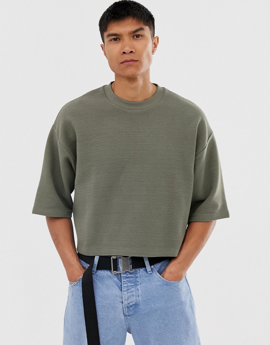 ASOS DESIGN – Kort, kakifärgad oversize-sweatshirt med kort ärm i ribbat material-Grön