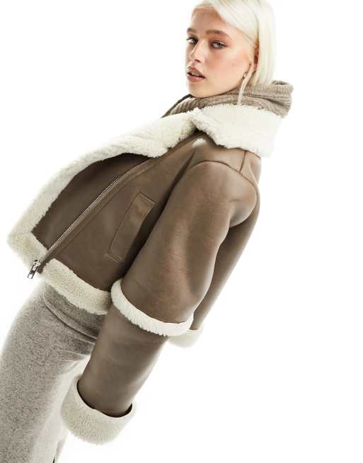 ASOS DESIGN - Kort pilotenjack met gebonden borg in hazelnoot 