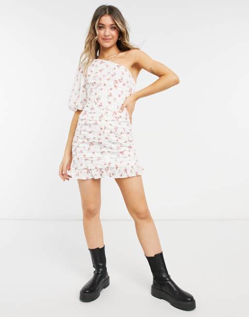 ASOS DESIGN - Kort, rynket minikjole med oneshoulder-detalje og broderede blomster, 4 af 4