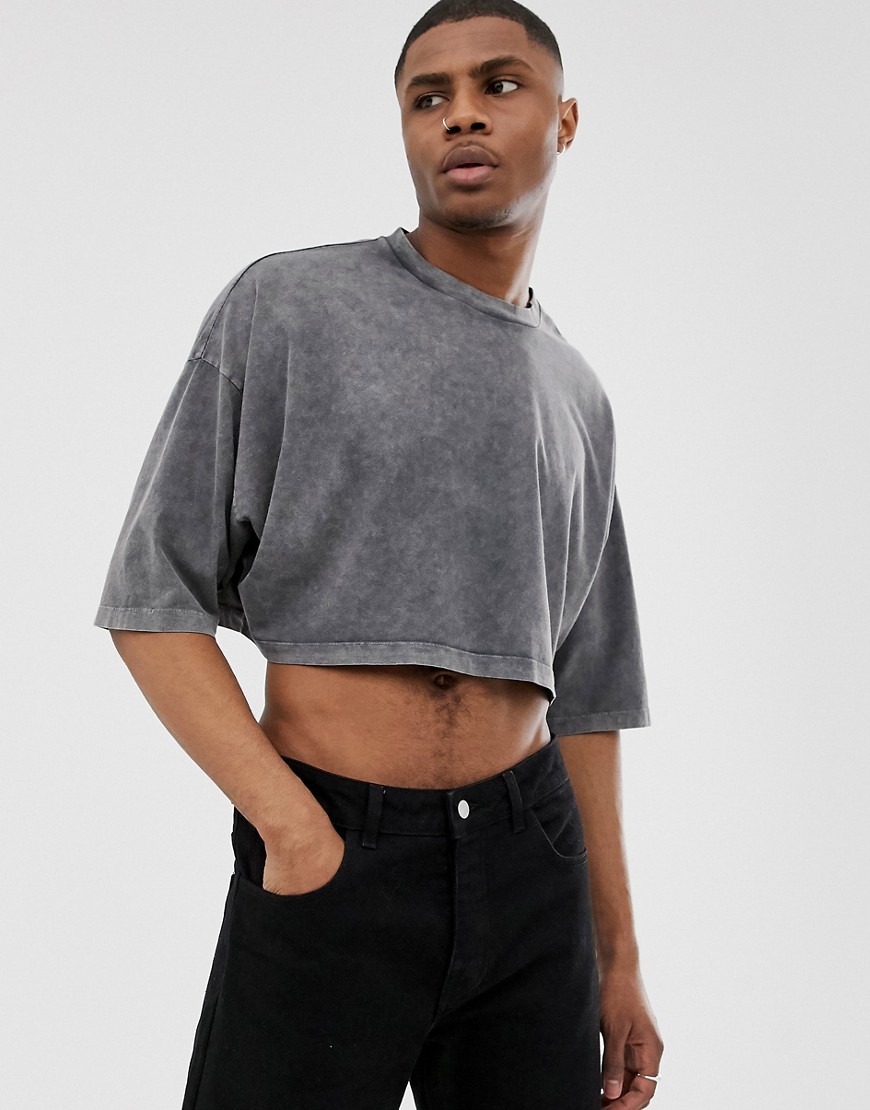 ASOS DESIGN – Kort stentvättad t-shirt i oversize-modell med halvlång ärm-Grå