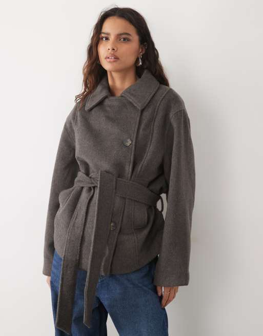 ASOS DESIGN kort trenchcoat med låg bältesplacering i gråbrun ylle, 3 av 4