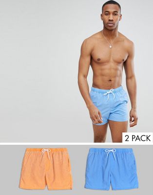 ASOS DESIGN – Korta blå/orange, stentvättade badshorts 2-pack-Flerfärgad