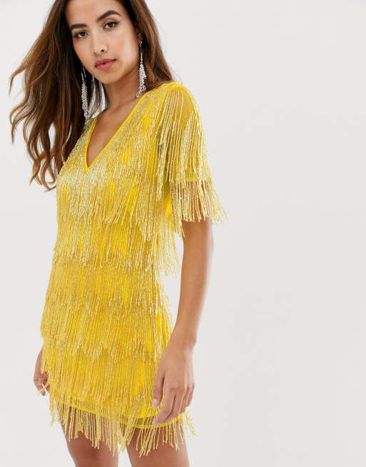 ASOS DESIGN – Kortärmad miniklänning med heltäckande fransutsmyckning