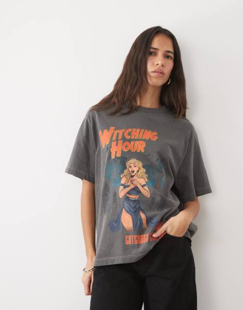 ASOS DESIGN kortärmad oversize-topp med Witching Hour-tryck i tvättad kolgrå - view 1