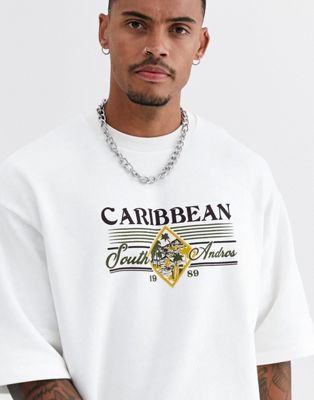 ASOS DESIGN – Kortärmad sweatshirt med Carribean-mönster-Vit