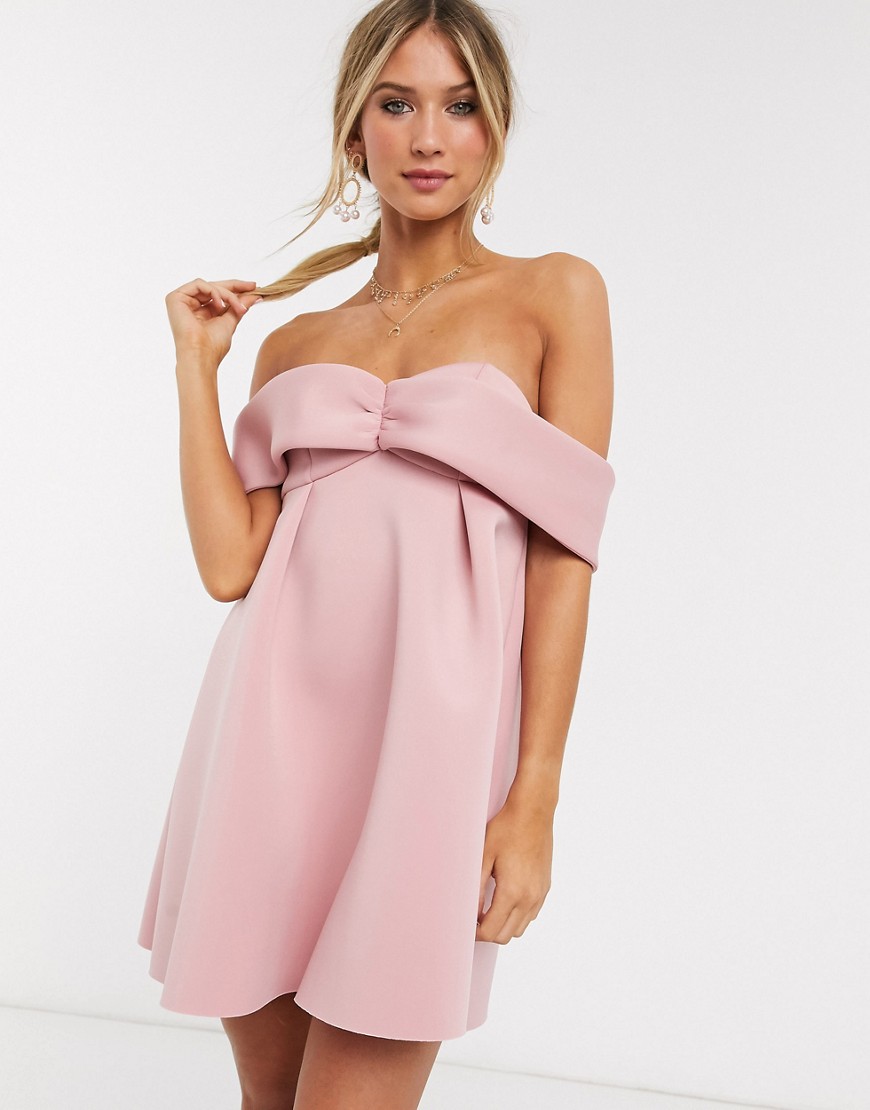 ASOS DESIGN - Korte babydoll-jurk met bardot-hals in blush-Roze