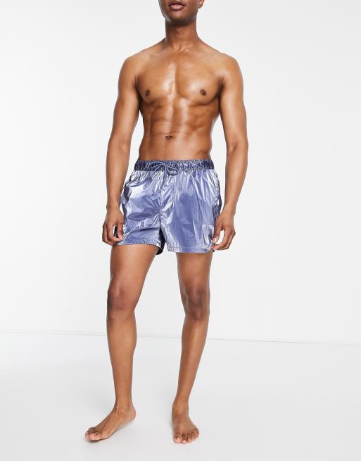 ASOS DESIGN - Korte badeshorts med buet kant i metallisk blå, 2 af 4