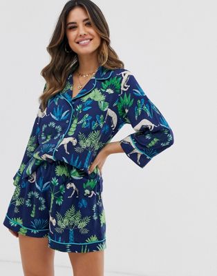 ASOS DESIGN - Korte pyjamaset met botanische print met luipaard van 100% modal-Multi