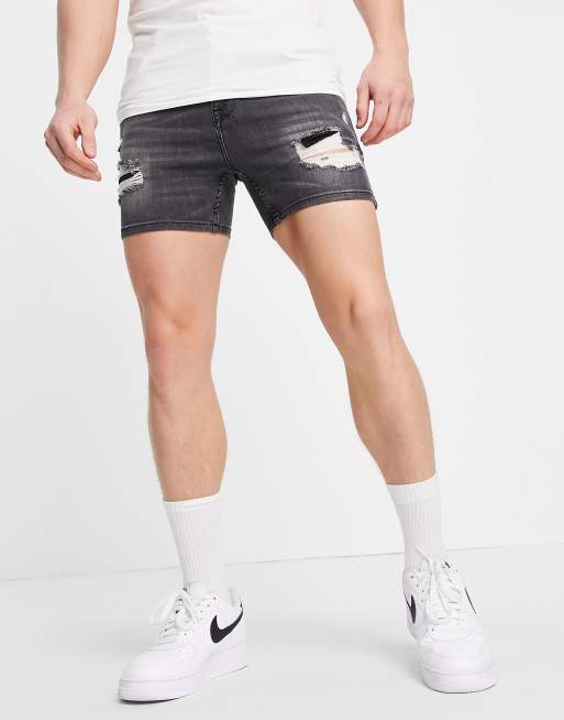 ASOS DESIGN - Korte skinny denim shorts met grote scheuren en wassing