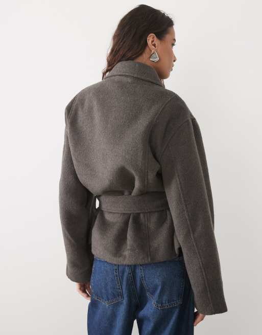 ASOS DESIGN korte trenchcoat met lage ceintuur en wol in grijsbruin, 2 van 4