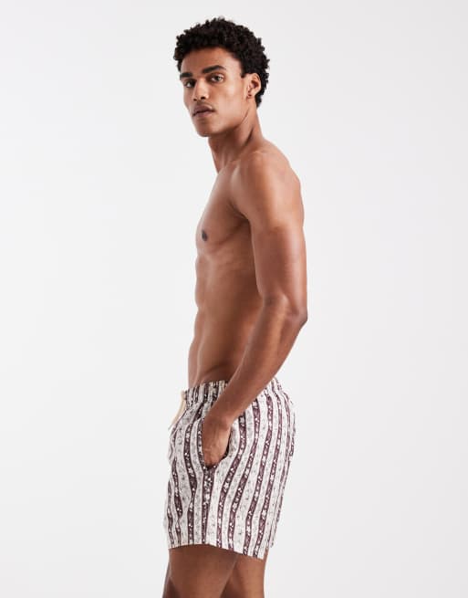 ASOS DESIGN - Korte zwemshort met gestreepte bloemenprint in bruin, 2 van 5