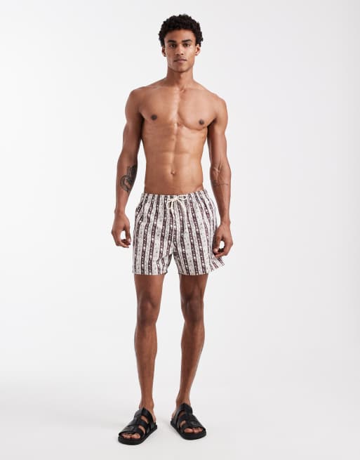 ASOS DESIGN - Korte zwemshort met gestreepte bloemenprint in bruin, 3 van 5