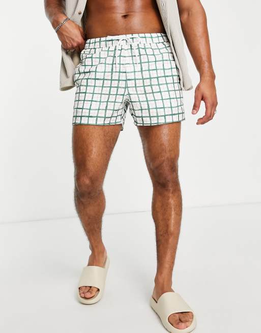 ASOS DESIGN - Korte zwemshort met handgetekende ruitprint in wit
