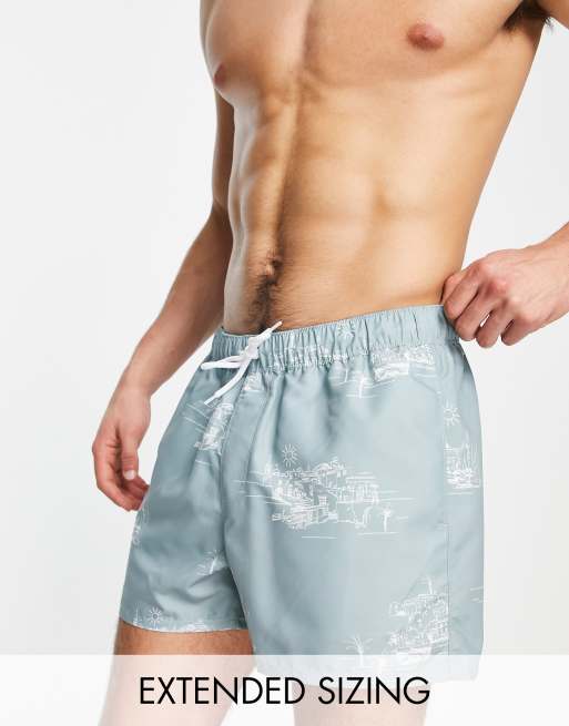 ASOS DESIGN - Korte zwemshort met lineaire landschapsprint in blauw